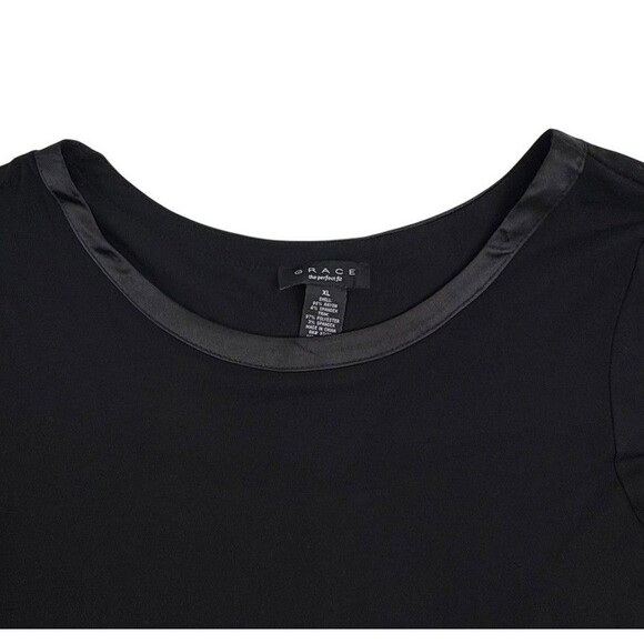 Grace Perfect Fit Black Knit Tunic Top Satin Trim Modern Chic Stretch Career XL - Picture 2 of 14